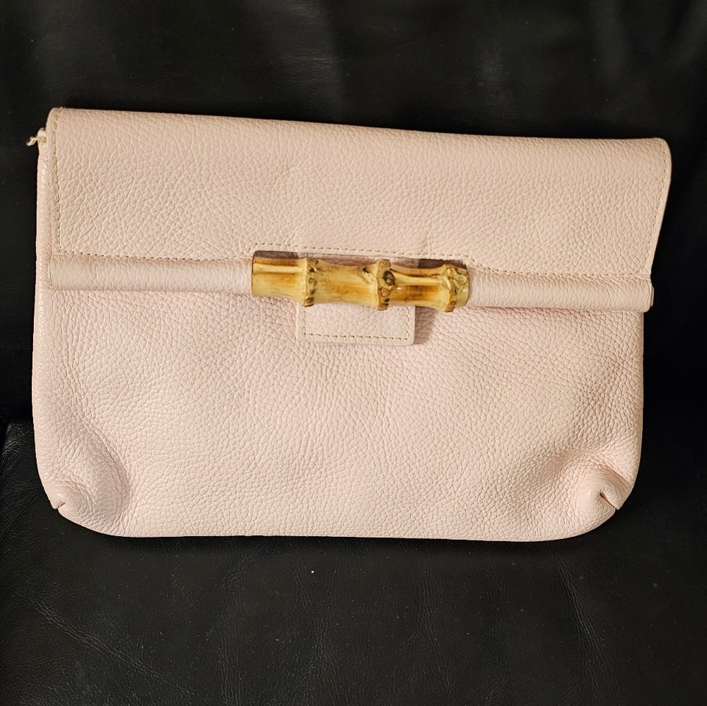 Cecconi Piero Pebbled Italian Leather Pale Pink Clutch with Bamboo Accent